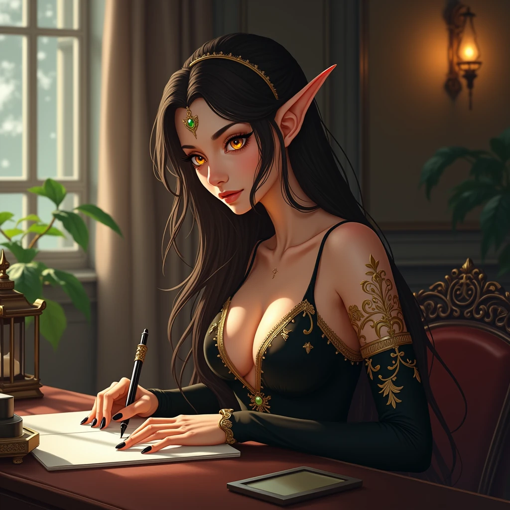 A voluptuous tanned brunette elf woman, wearing a luxurious black dress with jade details, long hair that reaches the floor and very long elf ears, glowing flaming eyes, gold-plated body painting that covers your back and arms, she is writing a letter in her office. Image Image 1920x1080. 90s anime art