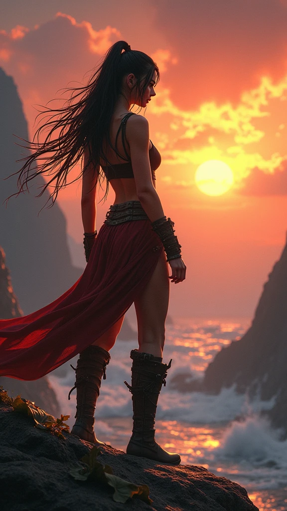 Features soft, shiny heroines, ((HeroNA rough epicHEROINE wet angry looking long hair fierce expression in dynamic pose, fantastic location, EM CIMA DE UMA MONTANHA OLHSNDO PARA O POR DO SOL majestoso ambiente desordenado))