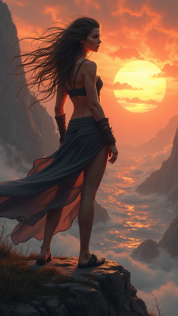 A captivating anime-inspired scene of a stunningly beautiful young woman meditating serenely at the edge of the Atlantic Ocean shore. Her dark brown hair billows gently in the breeze, framing her gracefully arched back and revealing a captivating tattoo. The warm sunset casts a vibrant and magical glow over the surroundings, with a blend of vibrant colors and mysterious elements immersing the viewer in an otherworldly experience. The seductive figure wears a light, semi-transparent flowing dress and a thread-thin thong, highlighting her toned and alluring body. The dark fantasy atmosphere is further enhanced by the enchanting blend of vibrant colors and mysterious elements, transporting the viewer into a mesmerizing world., anime, dark fantasy, vibrant