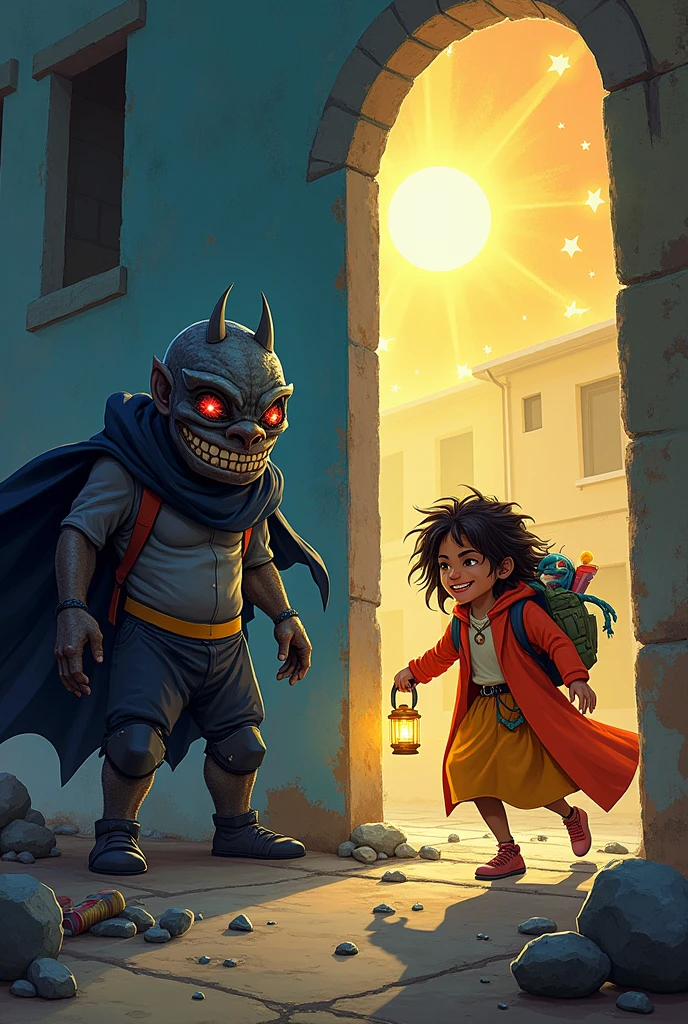Image Description Title: "The Battle for Education: Overcoming obstacles"

Scenario:

人物 "evil": Inequality of Access to Education Appearance: The evil figure is a dark and menacing creature, with characteristics that reflect inequality, like a mask or a cape that looks like it&#39;s made of iron bars, symbolizing barriers and limitations. She may have an arrogant and dismissive demeanor., with an expression that conveys contempt and indifference.
Accessories: Carry a heavy backpack full of rocks and obstacles, representing the challenges it imposes on students, as lack of resources, poor infrastructure and discrimination. Its presence can cast shadow and darken the area around it..
人物 "good": Solution to Appearance Inequality: The good figure is a friendly and inspiring hero, dressed in bright, colorful clothes that represent hope and progress. You can have a welcoming smile and an open, confident posture.
Accessories: Holds a golden key or glowing lantern that symbolizes access to education and the solutions being implemented. Around her, there is a set of educational tools and materials, like books and computers, that help unlock and overcome barriers.
Scenario:

Dark and Obstructed Area: The part of the image where the evil figure is present is dark and full of obstacles.. It may show a deteriorating school or an area with unmotivated and under-resourced students..
Illuminated and Positive Area: The part of the image where the good figure acts is illuminated and vibrant.. Shows a modern and welcoming school, with engaged and happy students, using new technologies and resources. The area may be filled with bright colors and symbols of progress., like sun or stars.
interaction:

The good figure is helping the students get rid of the obstacles created by the evil figure. It may be removing stones from the path or opening doors that were locked by the evil figure..
There is a visible transformation in the school and