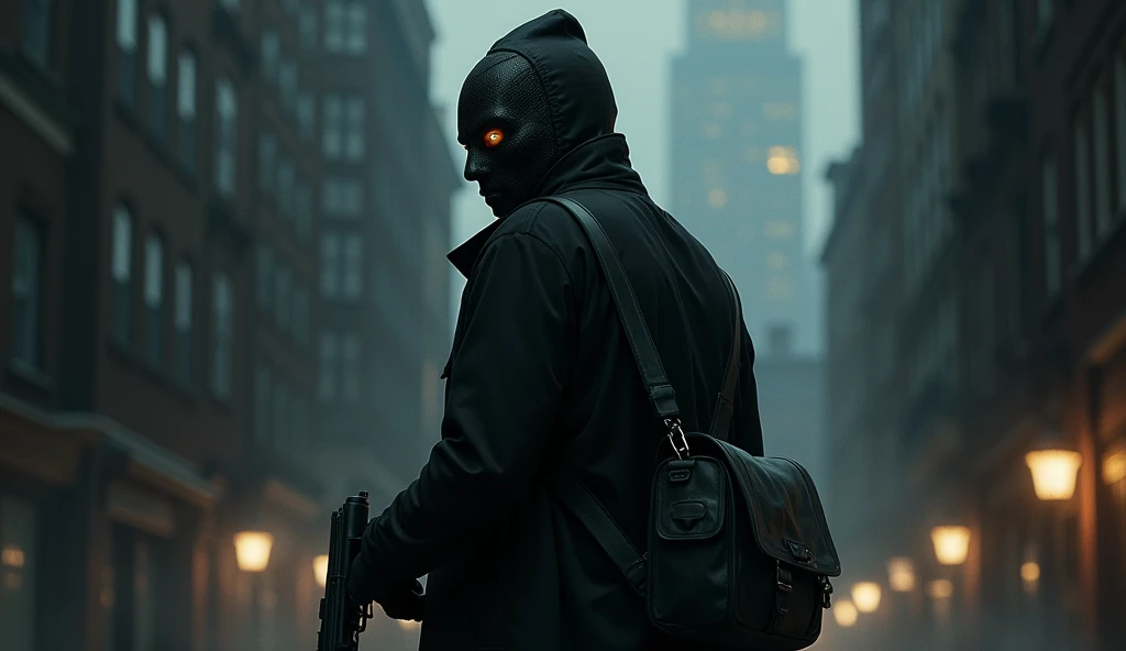 Character Design:
Pose: Have the character standing with their back to the viewer, slightly turned to give a side-eye glance, which adds mystery and tension.
Mask: Incorporate a mask inspired by a popular villain like the Joker but make sure it’s distinctive to avoid copyright issues. The mask should evoke a sense of danger and intrigue.
Accessories: Include a bag slung over one shoulder and a gun in hand to emphasize the heist theme.
Background:
Cityscape: A dark, gritty city skyline could work well as a background, adding to the noir aesthetic.
Color Grading:
Use contrasting tones, with the character in darker shades to stand out against a lighter background, or vice versa. Highlight key elements like the mask and bag to draw attention.
