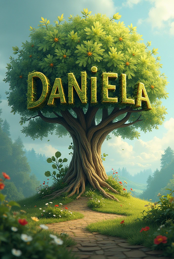 Generate an illustration with the word “Daniela” with a visual appearance that simulates a tree
