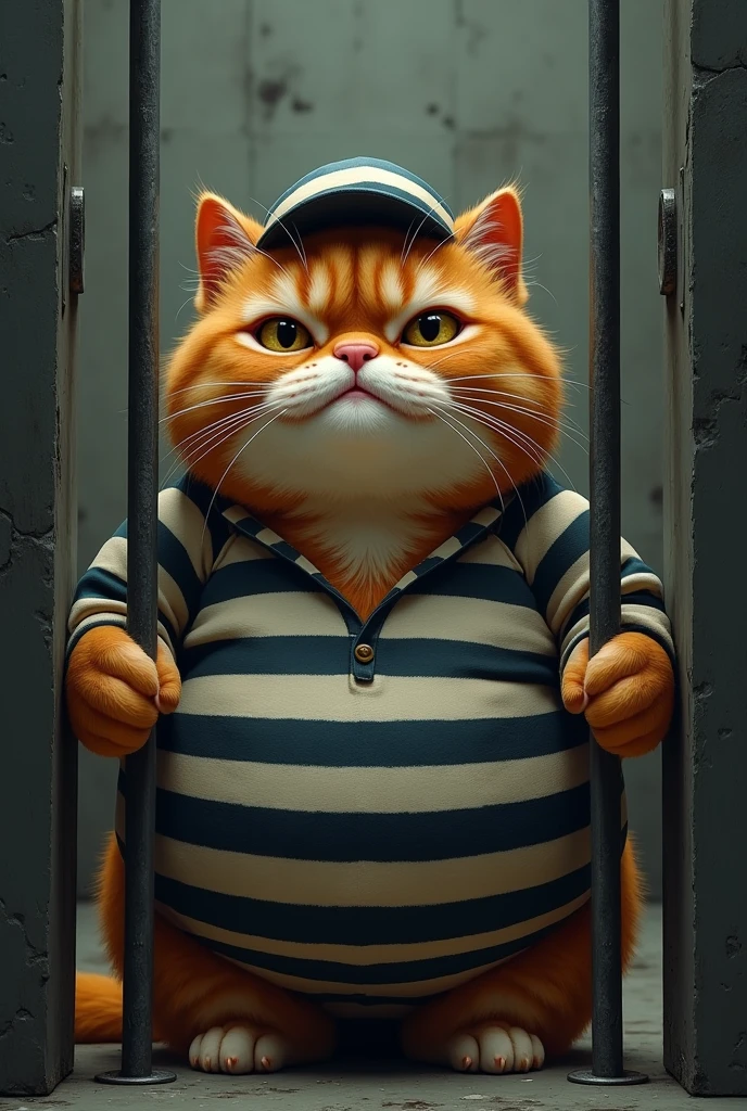 a ginger chubby cat wearing the prisoners uniform and in jail