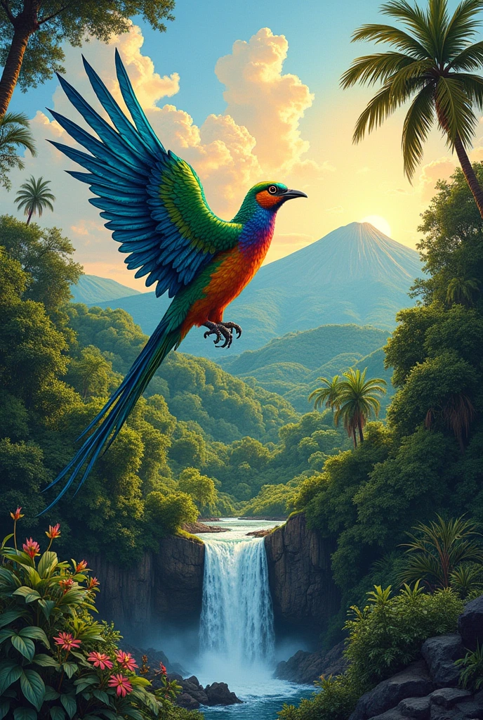 Create a drawing that represents the nature of Guatemala and above all its freedom. Include the flag and the quetzal.