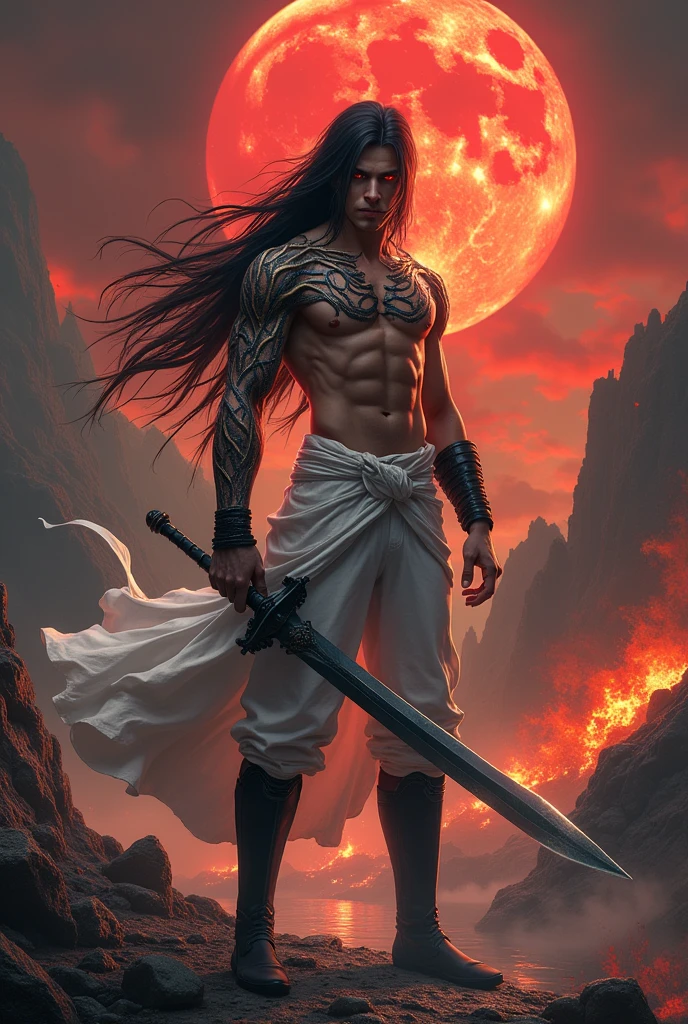 Background of fire surrounding mountains and red sky with a giant blood moon Front Young white man in his 20s Muscular defined face without beard Bright red eyes Long straight black hair flying in the wind White leather pants No shirt Black steel boots that extend to the knee Holding Black steel sword with handle wrapped in white ribbon Black steel bracer Dark, sinuous lines across the body spreading like roots