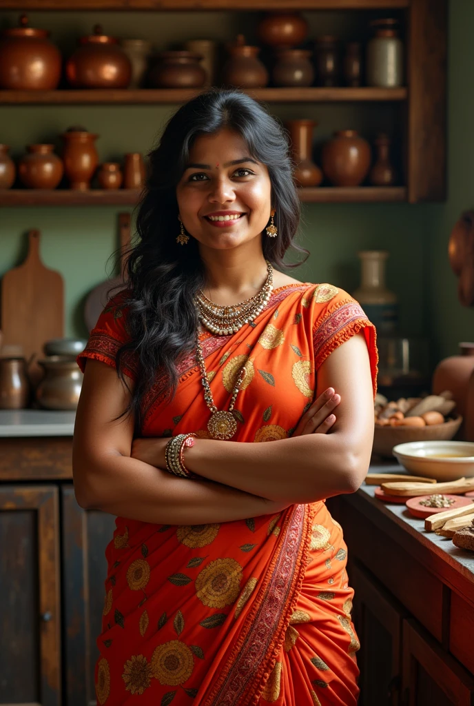 Young Marathi woman, curvy hourglass body, in Desi kitchen
