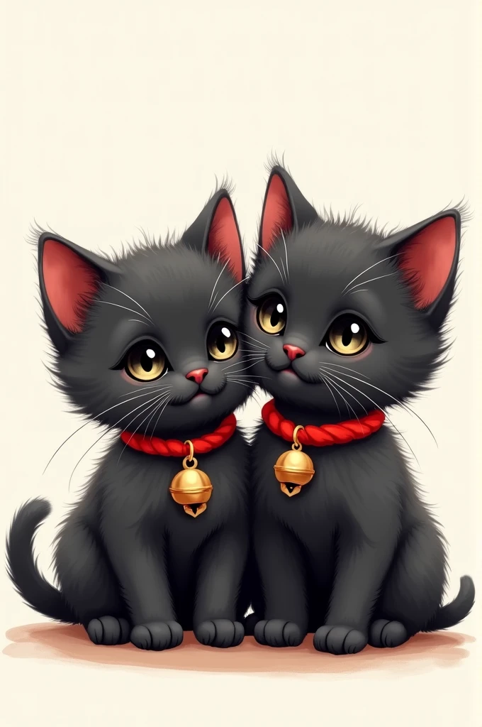 Illustration of two little black kittens with grey eyes, with a red collar and a bell