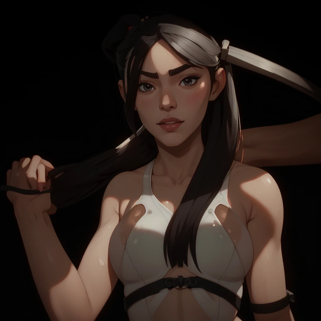 Risa1, Solo, Japanese girl, Liu Yifei, 1girl, (asymetric shoulder long black hair, open hair), small seductive lips, smirking, skin, ponytail, downturned nose, high detailed face, 4k, looking at camera , camletoe, (small breasts, narrow waist,wide hip,athletic body,inflated legs,thick thighs,(detailed face)),beautiful detailed lips, cute,slutty,sensual,seductive look,seductive, ((((wearing white one-piece swimsuit)))), (((((((head-portrait, close-up of face))))))), extremly exaggerated grin´´´´, (((маска железная))) 