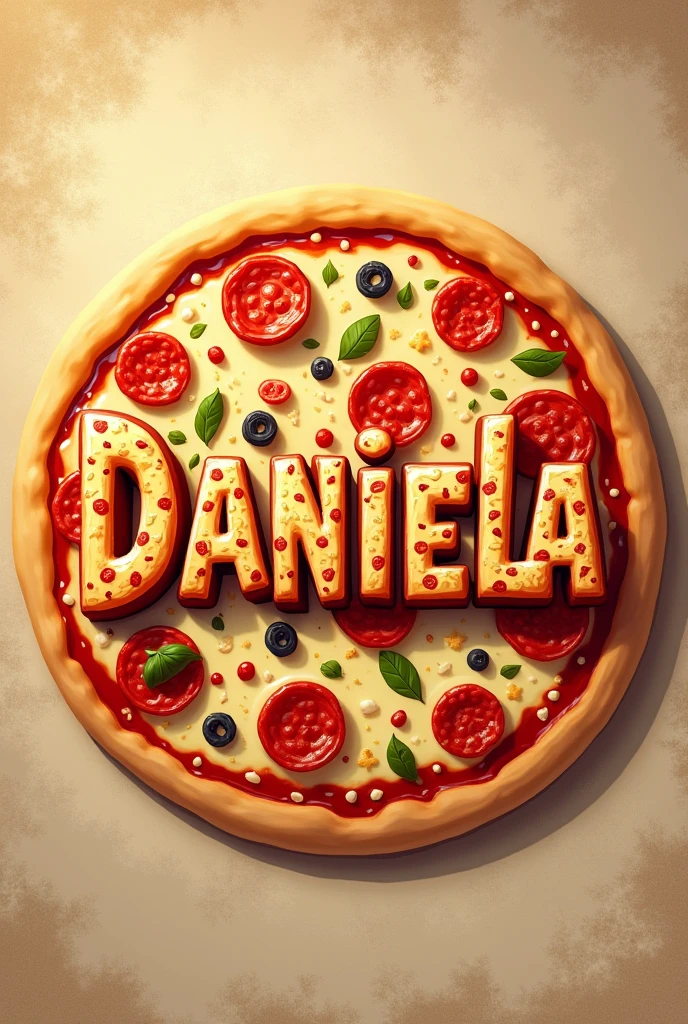 Generate an illustration with the word “Daniela” with a visual appearance that simulates a pizza
