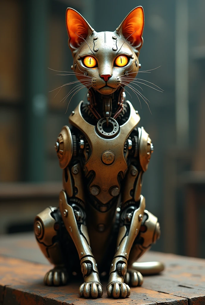 A majestic cyborg cat, crafted from intricately interconnected gears, copper wires, and polished metallic limbs, sits poised on a worn, industrial-style wooden pedestal, its body a mesmerizing blend of organic and mechanical elements, as envisioned by Alejandro Burdisio's unique cyberpunk art style. The cat's face, a masterful fusion of feline features and mechanical components, boasts gleaming brass eyes, a delicate, lace-like filigree of silver wires tracing the contours of its whiskers, and a subtle, enigmatic smile. The surrounding atmosphere is heavy with the scent of oil and machinery, as if the cat has just emerged from a smoke-filled, underground workshop. The warm, muted colors of the wooden pedestal and the subtle, rusty patina on the metal limbs evoke a sense of worn, dystopian elegance, while the delicate play of light on the cat's mechanical features hints at a deeper, more mysterious narrative.