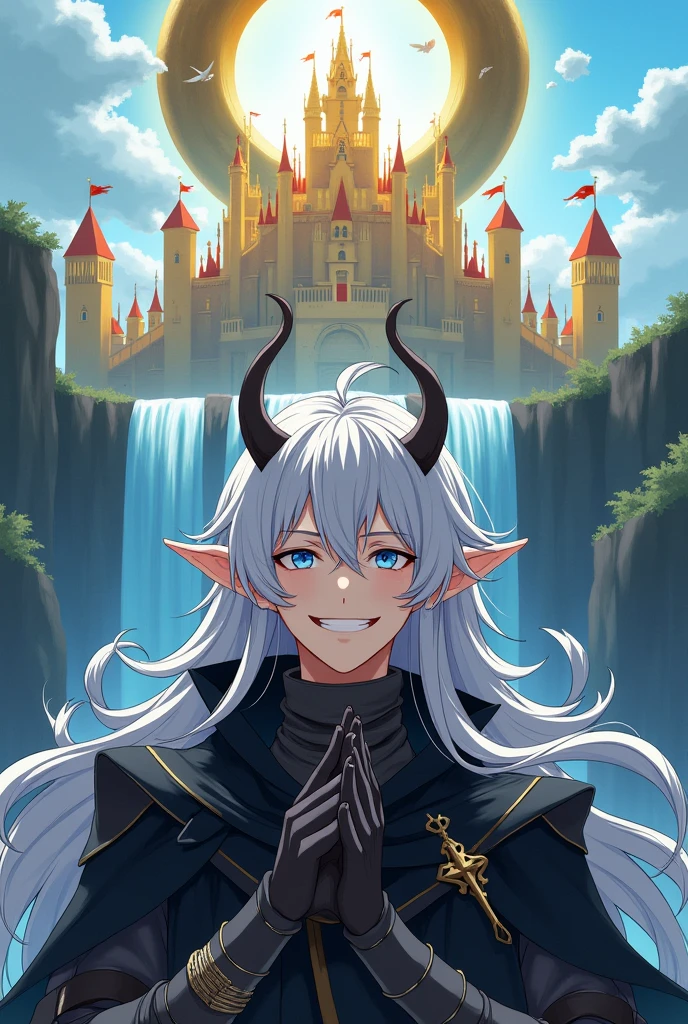 Man with long white hair,blue eyes horns with a naughty smile wearing a dark cloak with layers of clothes and black gloves black,A kingdom with waterfall coming down with a big golden ring on top of the golden kingdom in medieval anime style in 2D
