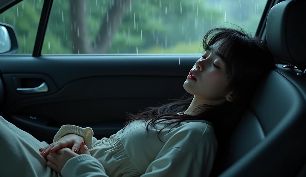 A girl lying in the car with the rain falling 