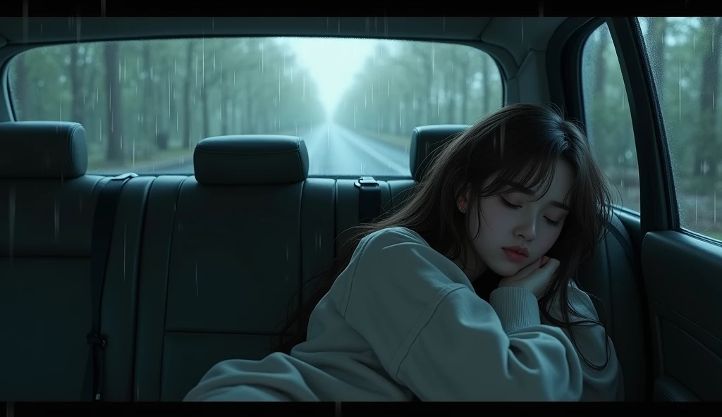 A girl lying in the car with the rain falling