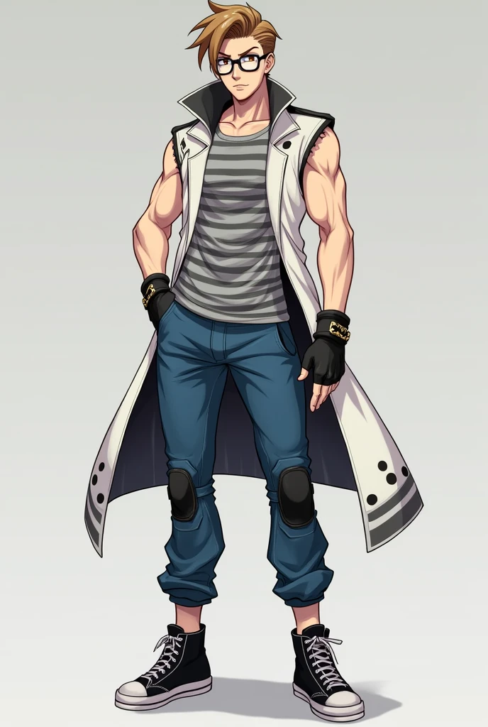 oc anime, male, draconian race, light brown hair, side pompadour with hair bangs, dark brown eyes, sharp black pupils like a snake, dark black framed glasses with white lenses, sleeveless white coat, striped gray t-shirt, rolled up sleeves and some military gray spot designs in a slightly darker shade, black fingerless gloves, blue pants, and black high-top sneakers