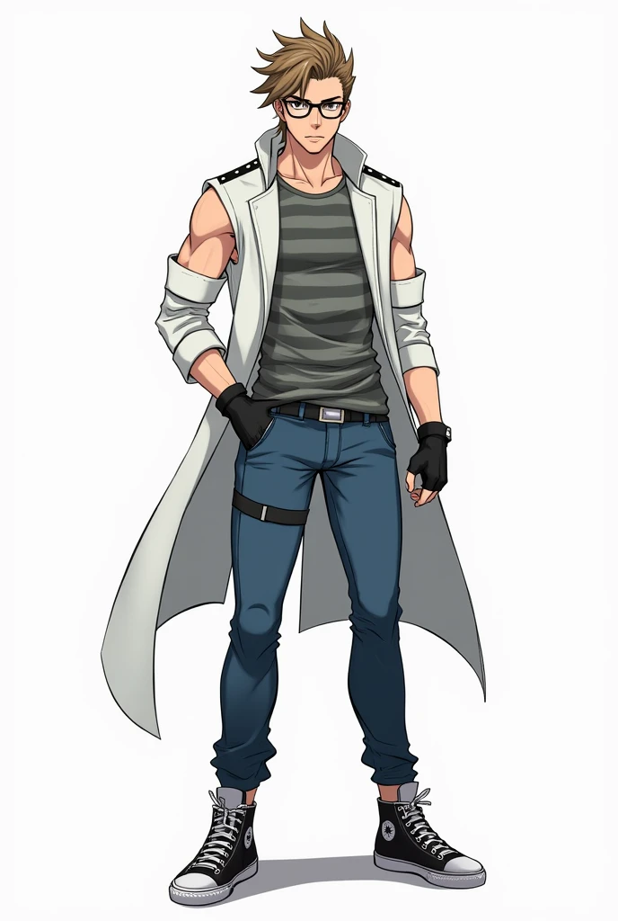 oc anime, male, draconian race, light brown hair, side pompadour with hair bangs, dark brown eyes, sharp black pupils like a snake, dark black framed glasses with white lenses, sleeveless white coat, striped gray t-shirt, rolled up sleeves and some military gray spot designs in a slightly darker shade, black fingerless gloves, blue pants, and black high-top sneakers