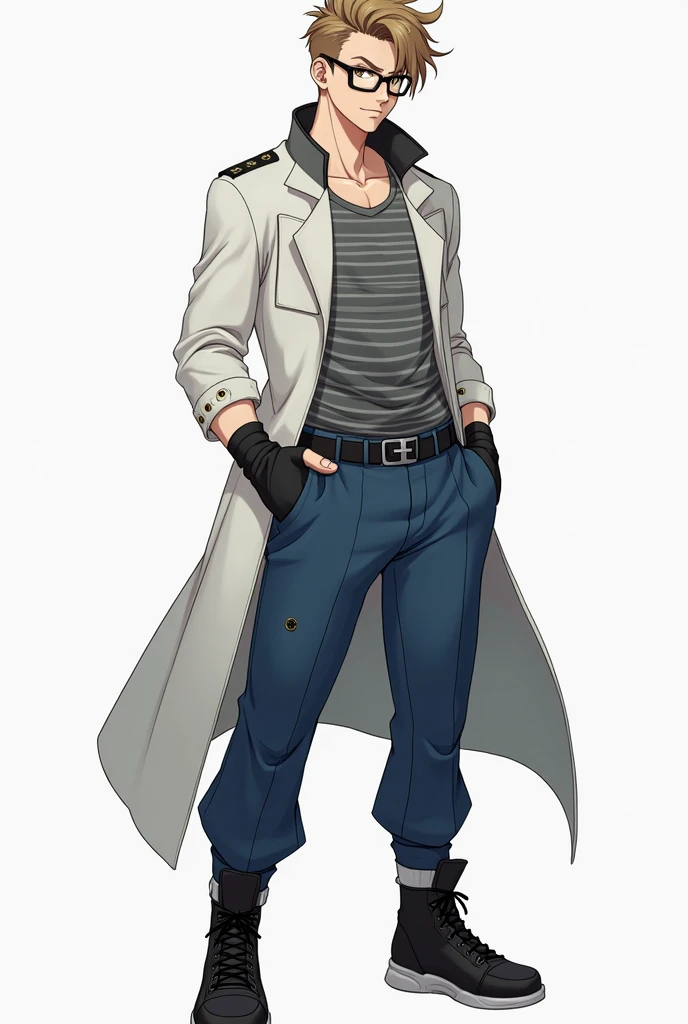 oc anime, male, draconian race, light brown hair, side pompadour with hair bangs, dark brown eyes, sharp black pupils like a snake, dark black framed glasses with white lenses, sleeveless white coat, striped gray t-shirt, rolled up sleeves and some military gray spot designs in a slightly darker shade, black fingerless gloves, blue pants, and black high-top sneakers