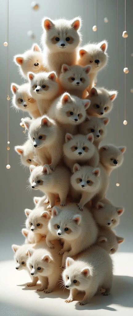 A thought-provoking and captivating 3D render of the abstract sculpture, "Echoes of Childhood," featuring 20 adorable, fluffy baby raccoons in various positions. The raccoons are suspended and arranged in a dynamic, expansive configuration. The piece, with its unique arrangement and reflections of light, invites viewers to immerse themselves and discover new connections from different angles. This sculpture captures the essence of curiosity and adventure, encouraging a reconnection with one's inner child and the joy of creative exploration.