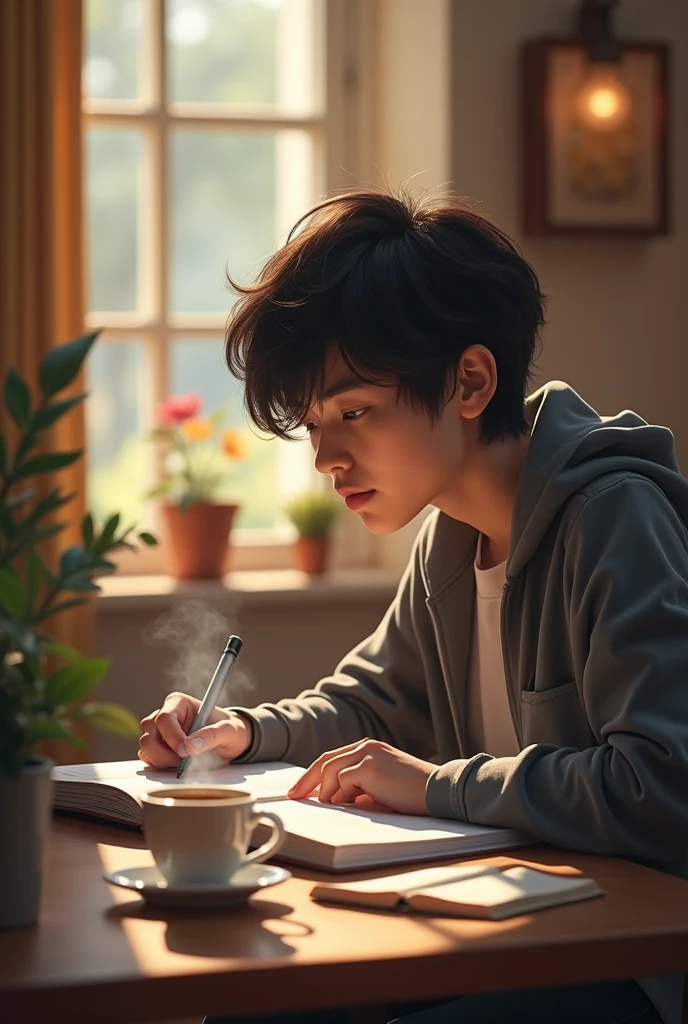 Studying, listening to music and drinking coffee horizontal 