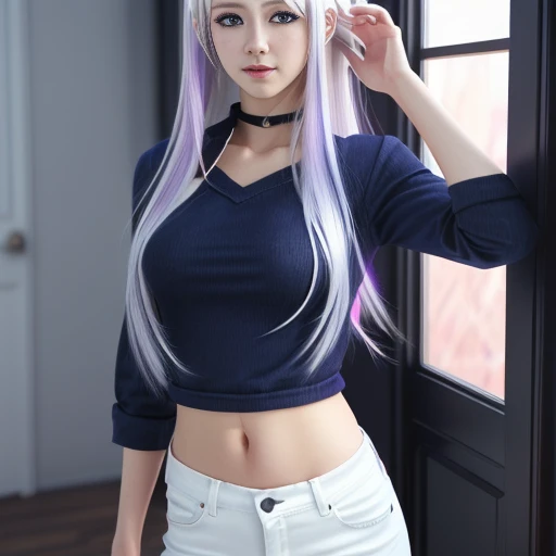 araffed woman with purple hair and a white top and blue jeans, tifa lockhart with white hair, realistic anime 3 d style, anime girl in real life, hyper realistic anime, anime character, anime girl cosplay, perfect white haired girl, 3 d anime realistic, seductive anime girl, beautiful alluring anime woman, photorealistic anime girl render