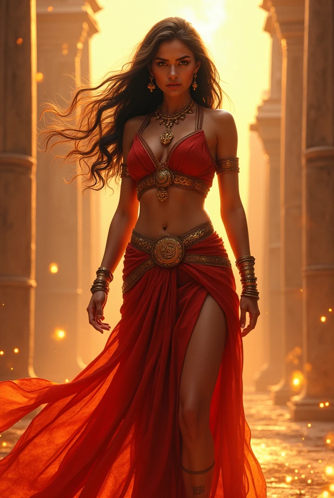 Goddess Sita,fiery warrior dress,ancient look,fiery background,ancient royal palace background, bravo face,long hair.pair hand on belly