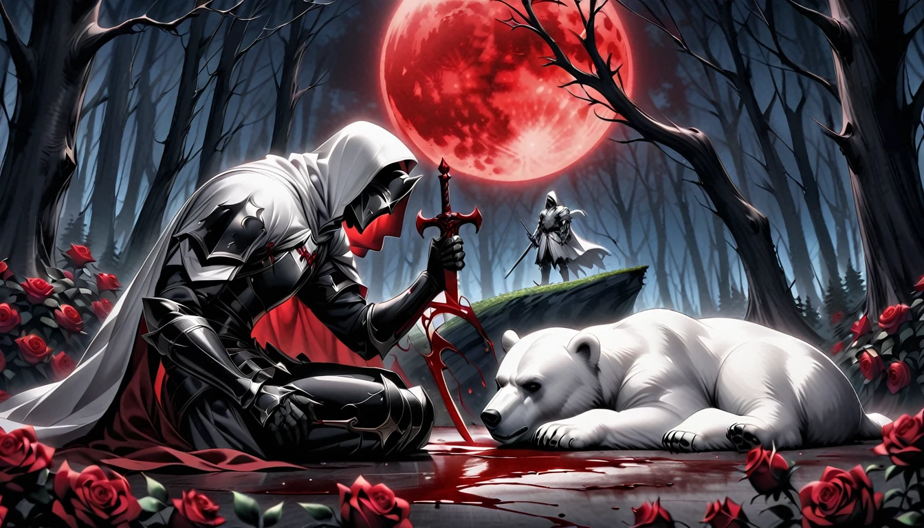 Male knight with a white hood with bear ears with sword behind his back sits on the ground towards a polar bear in a forest while the moon shines, many Roses cover the ground and lightning falls from the sky. The polar bear sleeps in front of the knight. Only the man wears a red fold. In the background of the picture is the blood moon and a tree has fallen down in the path. The forest is full of trees with leaves. The armor of the man is black and red roses decorate it. The knight has its sword in his hand.