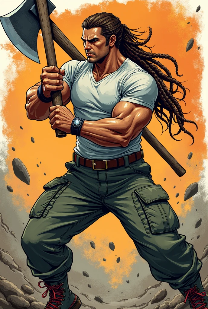 muscle man, Long hair with braid, fitted t-shirt trousers with several pockets, military boots, axe in hand manga style