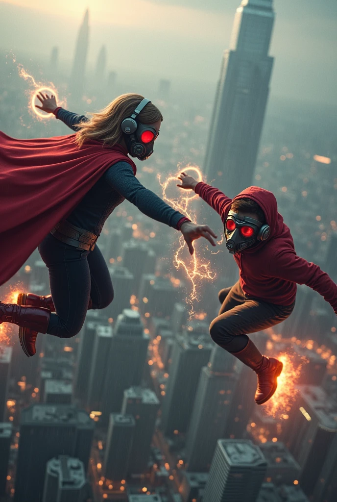 Young Star-lord with red hoodie, headphones, star-lord helmet, gas helmet, covered mouth, round red eyes, Red eyes, magic rings in the hands and rocket boots vs, Super Girl, Fighting, power, fiction, full body, magic lasso, hog, fall, fire in boots, poweful spells, realistic, helmet, mask, red cape, confrontation, punch, gun, flying in the sky, view of the city from above, rain, fighting, Black gloves, ocean floor, face cover, free hair, front cover