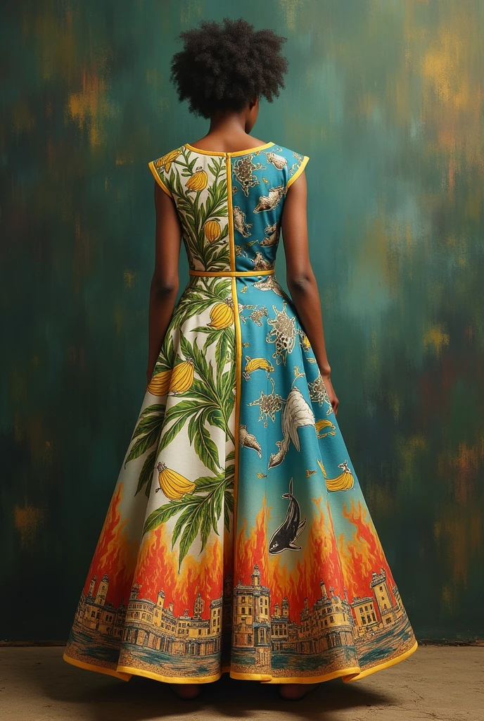 Painted dress in which it is divided into four parts and in the first part a banana tree with many leaves is tied together, the second section a fish, The third is the Papantla flyers and the fourth is a town on fire at parties., que se vea but real, mucho but real, esta bien el vestido pero que se vea un poco but real, que se vea but real es vestido, mucho but real, but real, but real y mas elegante y con las características que te dije