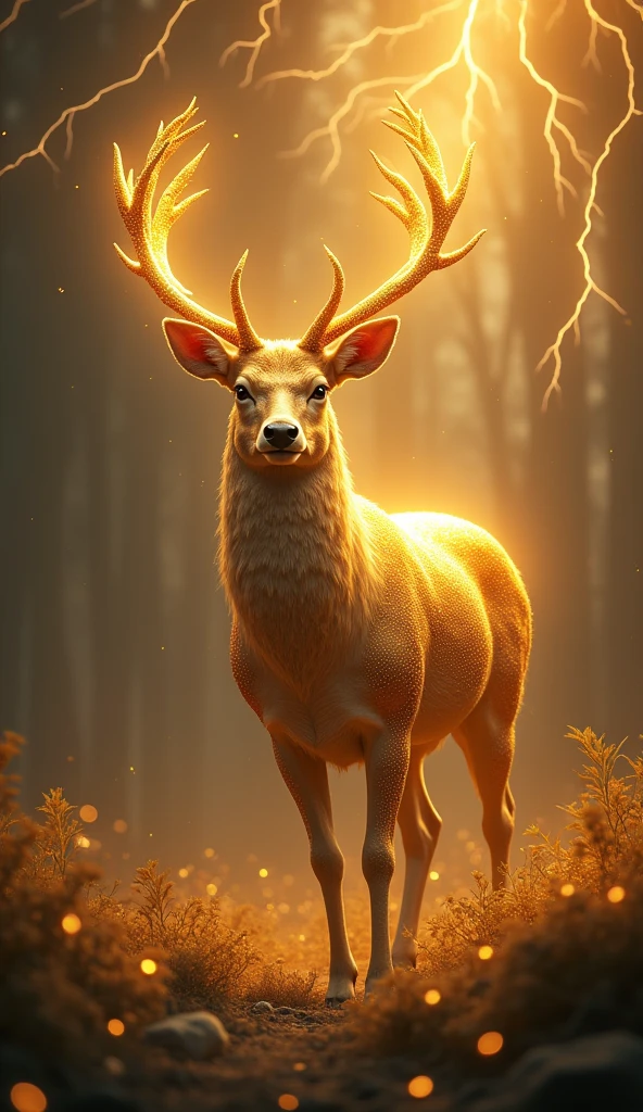 牡鹿,Fantastic Fantasy,Glowing in gold,Moody Color,Golden glitter background,稲妻⚡️,Realistic golden deer,His eyes are shining