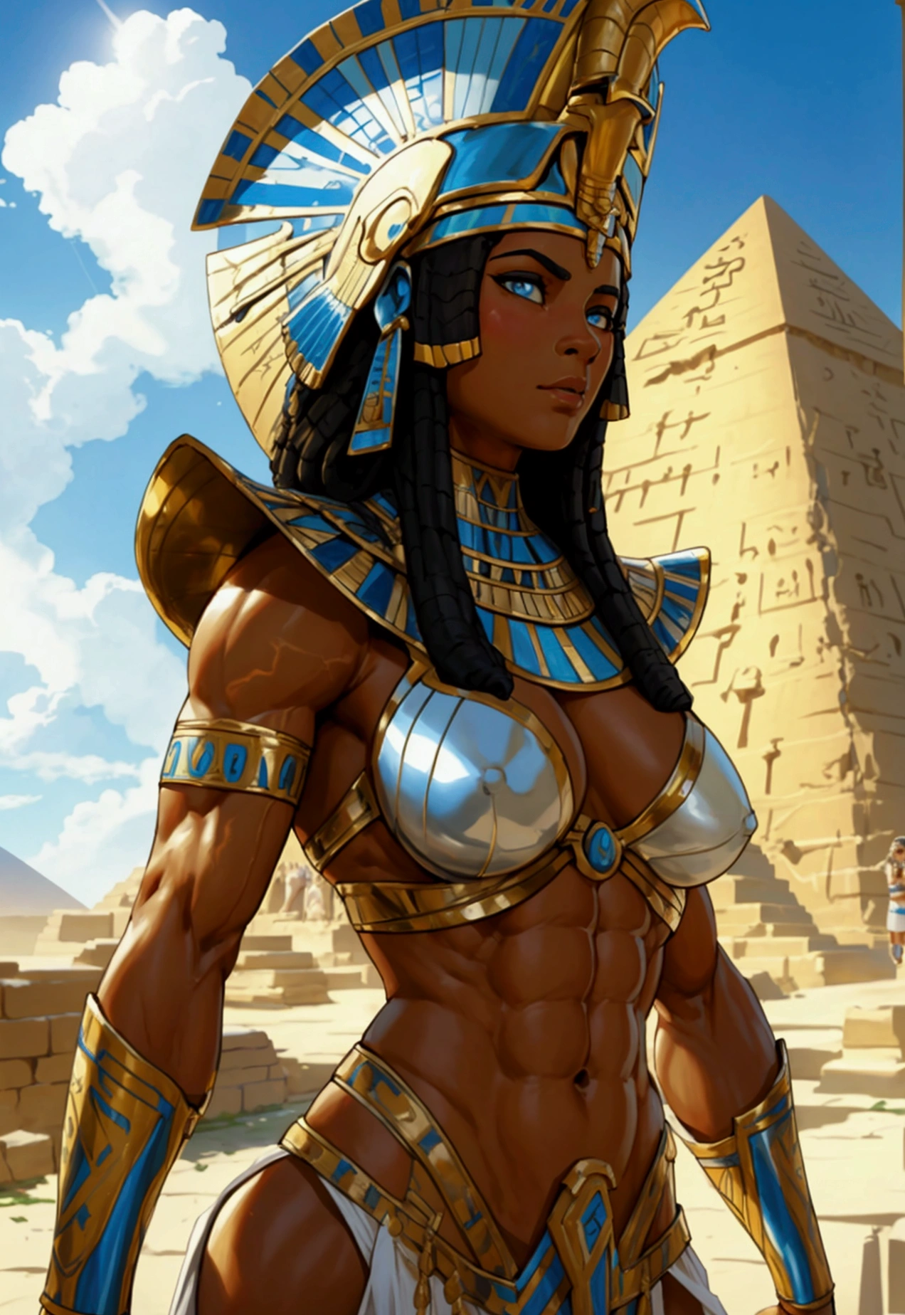 Very huge muscle female ancient egytpian warrior protecting a , with adoring look, extremely tanned, dark skinned, huge pecs, oiled skin, sunny, ancient egypt, pyramid on the background