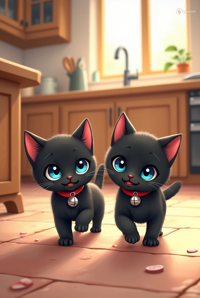 Illustration of two little black kittens with blue eyes, with a red collar and a bell, that they are playing in a kitchen