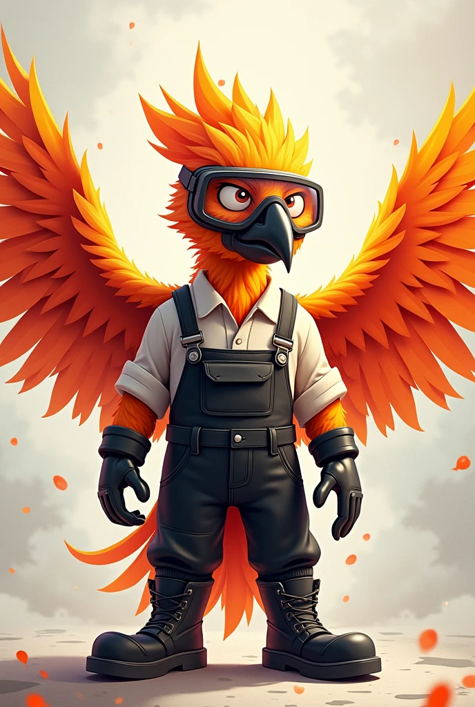 Animated image of a phoenix bird in black safety overalls, White shirt, welding mask, safety glasses, black safety boots on
