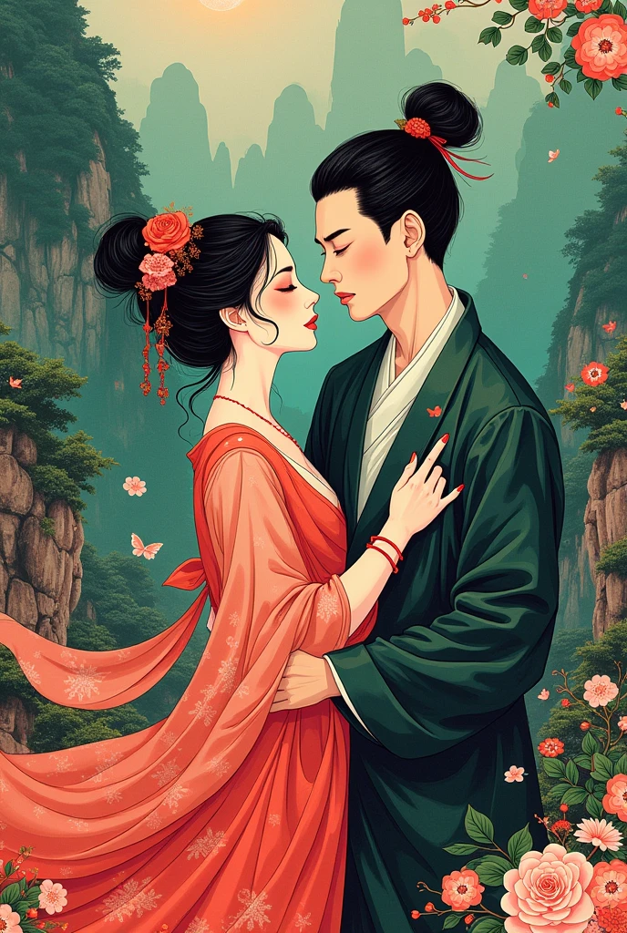 Chinese ink brushstrokes,Van Gogh's Swirl Brushstrokes,Dopamine bright,Pop Art Style,Ancient landscapes,With green,Fusion of poetry and painting,innovative art style,A sweet couple,Energetic and confident young Oriental women and men,Young woman elegant and intellectual,Young men are angry,Wearing ink-and-wash clothing,The romantic atmosphere of Chinese Valentine's Day is full,Movie color scheme,Surrounded by vintage floral patterns,Vibrant brushstrokes,Expressive,full-body shot,illustration,Extreme details,Fine and clear brushwork,Delicate oil painting,Ultra HD resolution,panoramic,Depth of Field,Extreme details,masterpiece,8K resolution