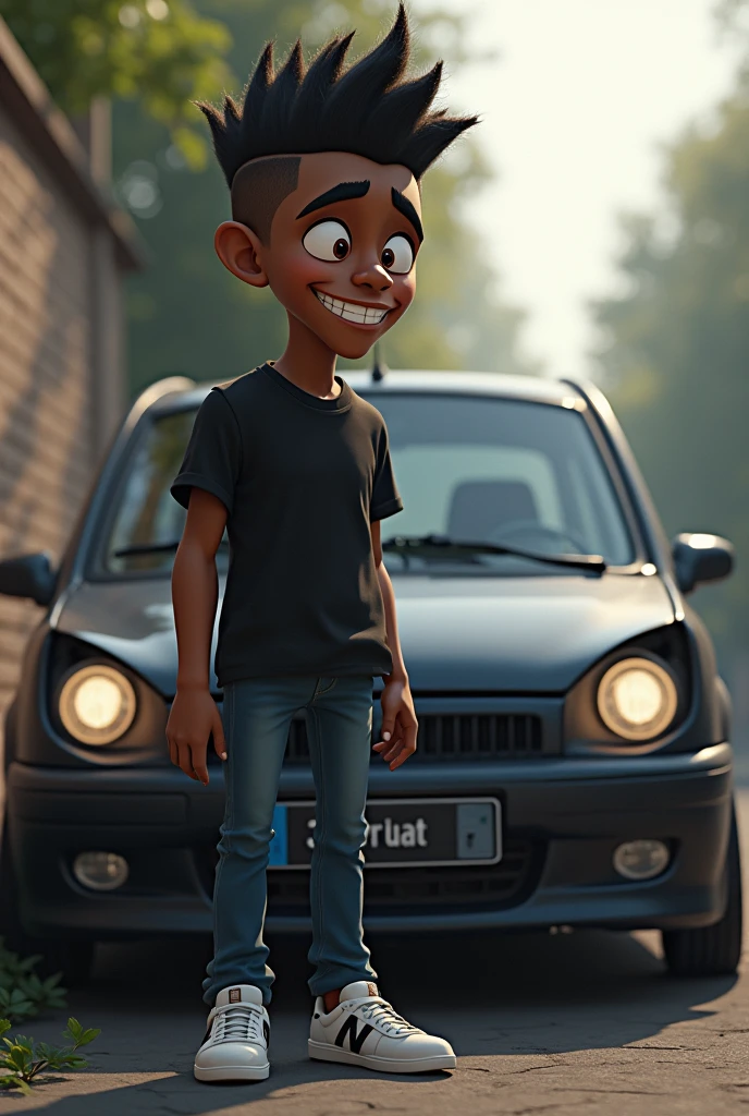 a 2 man, He is slender, black, spiky hair with receding hairlines, He's bald. his hair is spiked like a mohawk, He has slightly slanted eyes and a smile with his two front teeth slightly apart.. he loves car. put a black blouse on him and jeans and new balance style shoes. make him sad because the car broke down. put a small car next to it