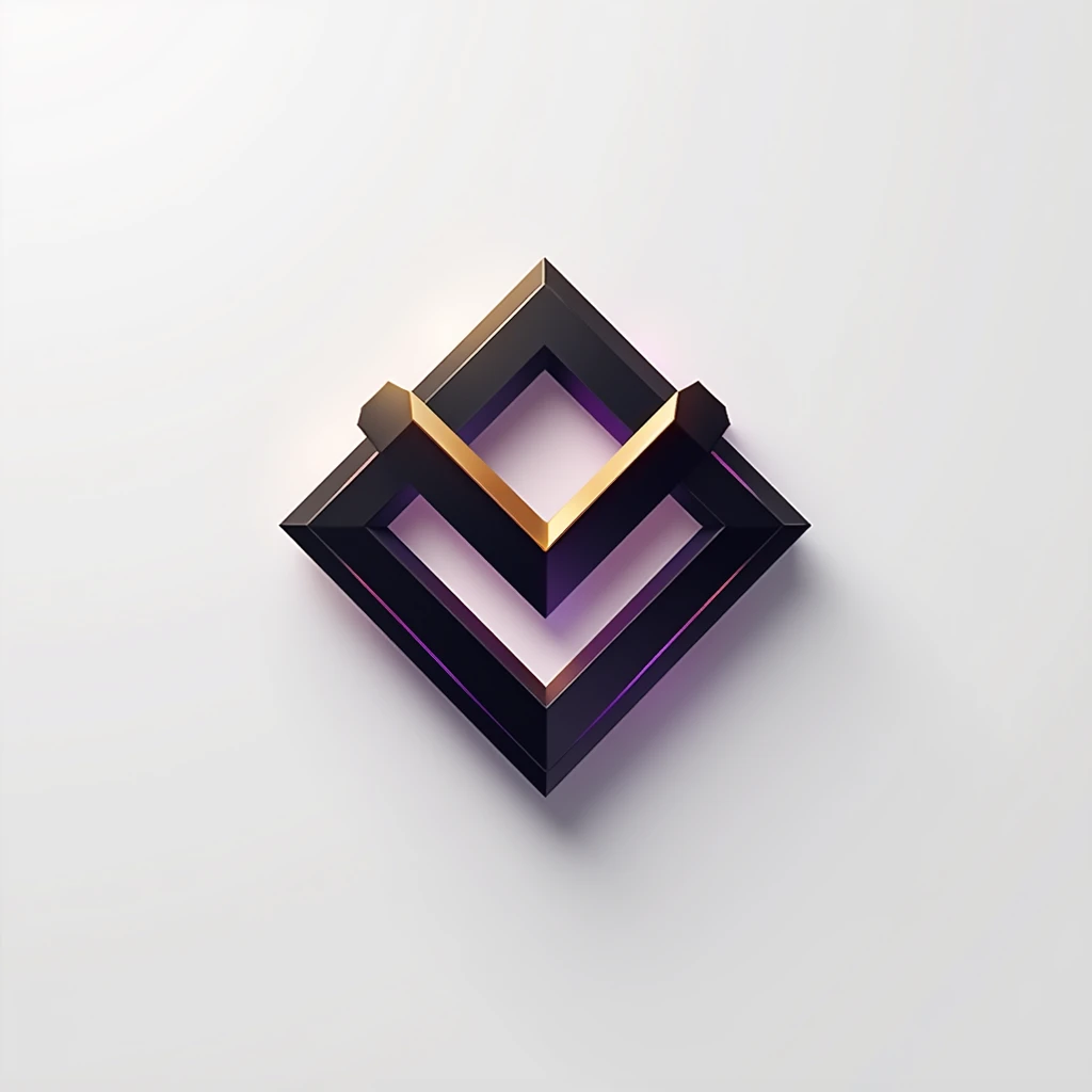 A logo for technology companies, with a futuristic diamond in metal theme with black colors, gold and purple, plain white background. Mixing the 8 of infinity. Minimalista