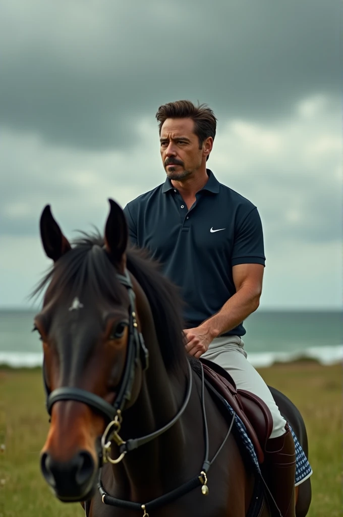 Robert Downey junior wearing Nike Polo T shirt, Riding on a black and brown horse in an open field by the ocean, dark clouds, breezy, 8k, Realistic