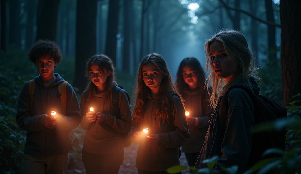 A group of young people at the edge of the forest, illuminated by flashlights, with determined and tense expressions. This indicates their courage in deciding to investigate the source of the red light. The nighttime setting and the shadows of the surrounding trees add a touch of suspense.