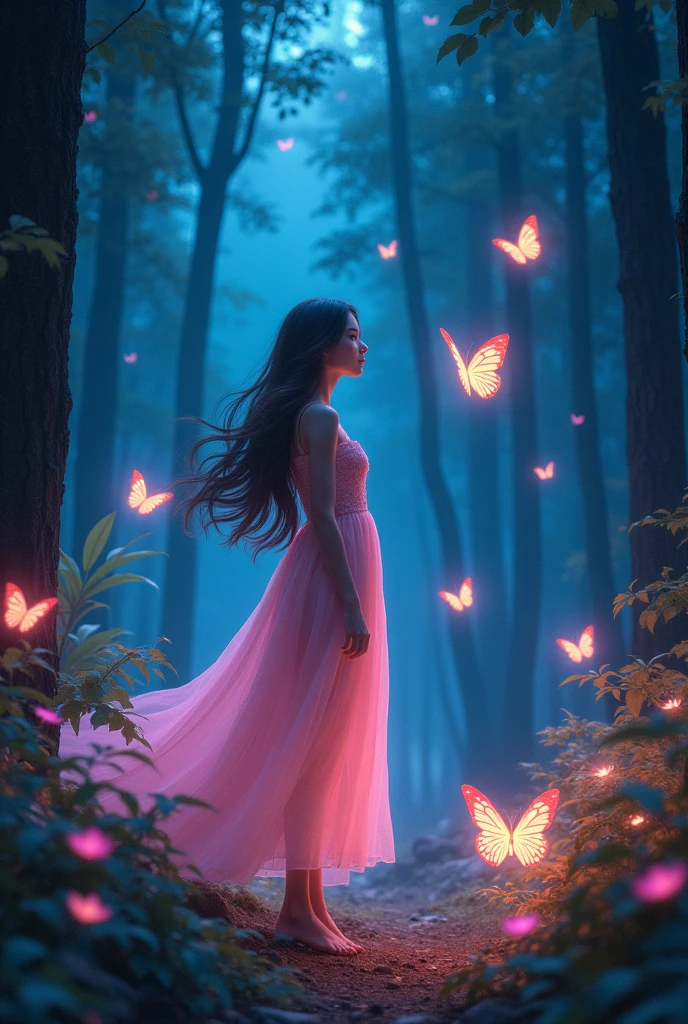phones with butterflies wings,bioluminescence,dark atmosphere,light coming from bioluminescent plants,delicate fitting dress,long floating hair , The image shows a young woman standing in a beautiful forest. She is wearing a long, flowing pink dress with a sweetheart neckline and a full skirt. Her hair is styled in an updo and she is looking off to the side with a peaceful expression on her face. The background is filled with tall trees and pink flowers, and there are several large orange butterflies flying around her. The overall mood of the image is dreamy and ethereal.