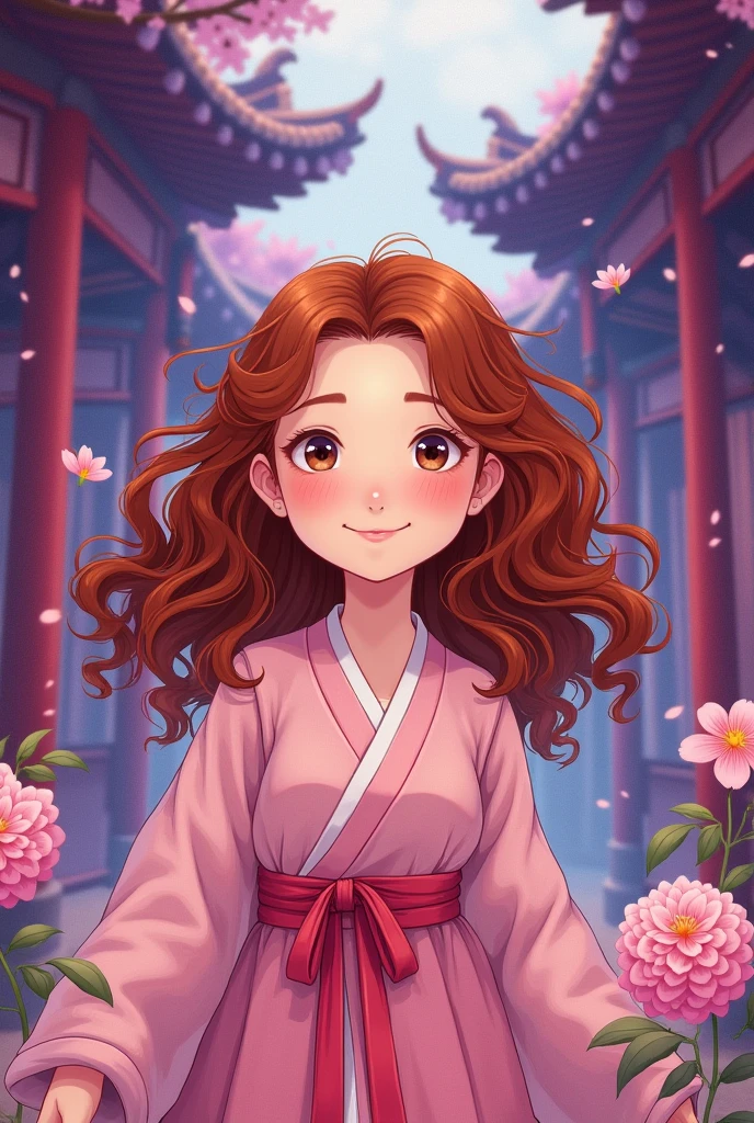A chubby girl with reddish brown curly hair, Brown eyes, that he is happy in a historical manhwa and that the image has many violet and purple tones
