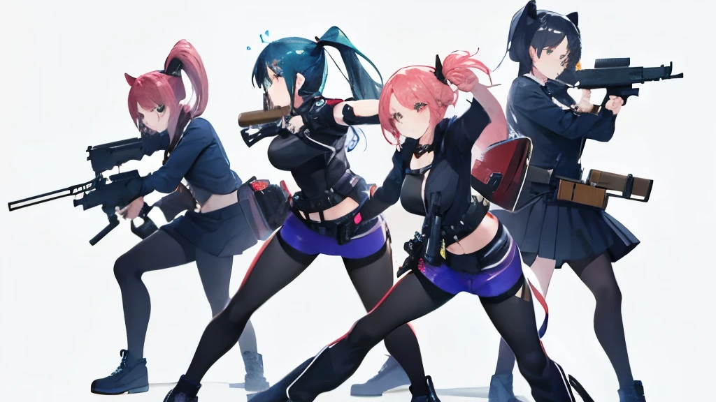group of girls with guns side view dynamic poses fighting