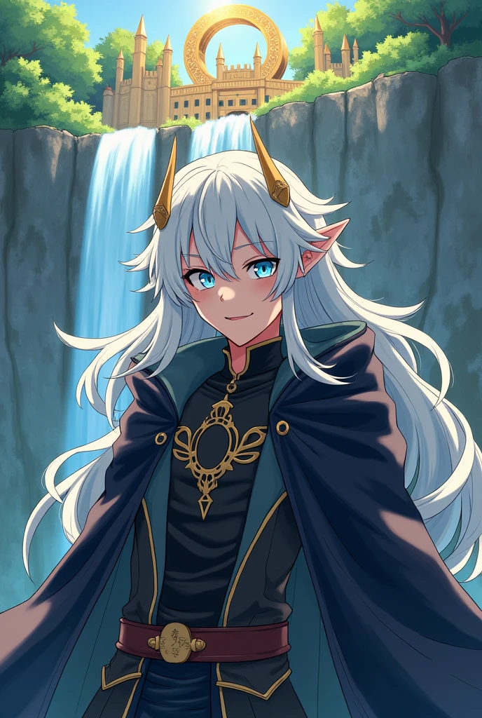 Man with long white hair,blue eyes horns with a naughty smile wearing a dark cloak with layers of clothes and black gloves black,A kingdom with waterfall coming down with a big golden ring on top of the golden kingdom in medieval anime style in 2D
