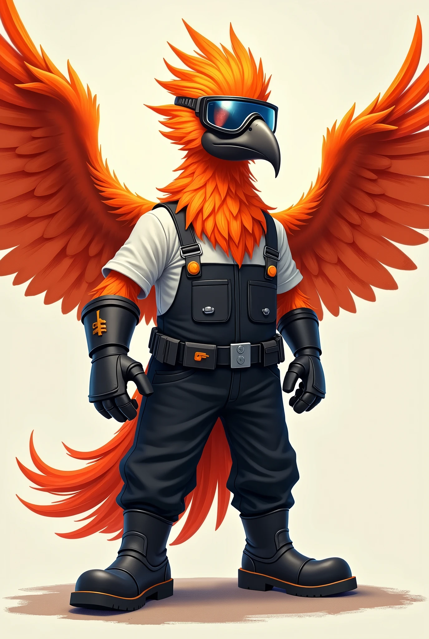 Animated image of a phoenix bird in black safety overalls, White shirt, welding mask, safety glasses, black safety boots on