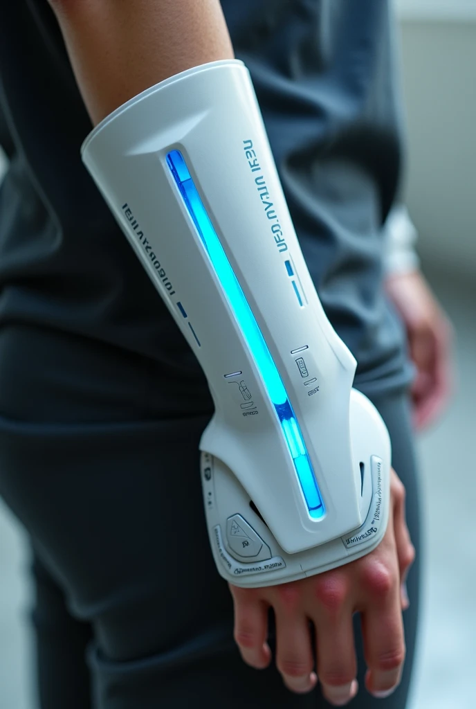 futuristic looking bracelet, white plastic with blue lights, that covers half of the forearm 