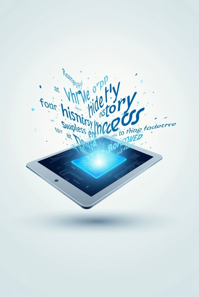Create a logo that has a title: storyweb And that words come out of a tablet and one of them is "from history to success" highlighted, and that the design has to do with technology, web and companies 