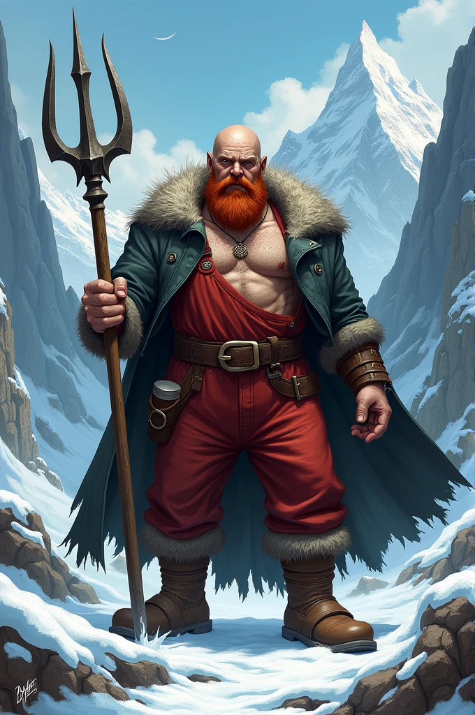 Vilain, using red overralls, median strength, human skin european, without cap, trident like weapon , place: in the moutains with ice, bald, median beard red and gray, 50 years, brown slipper, hairy chest, no t-shirt