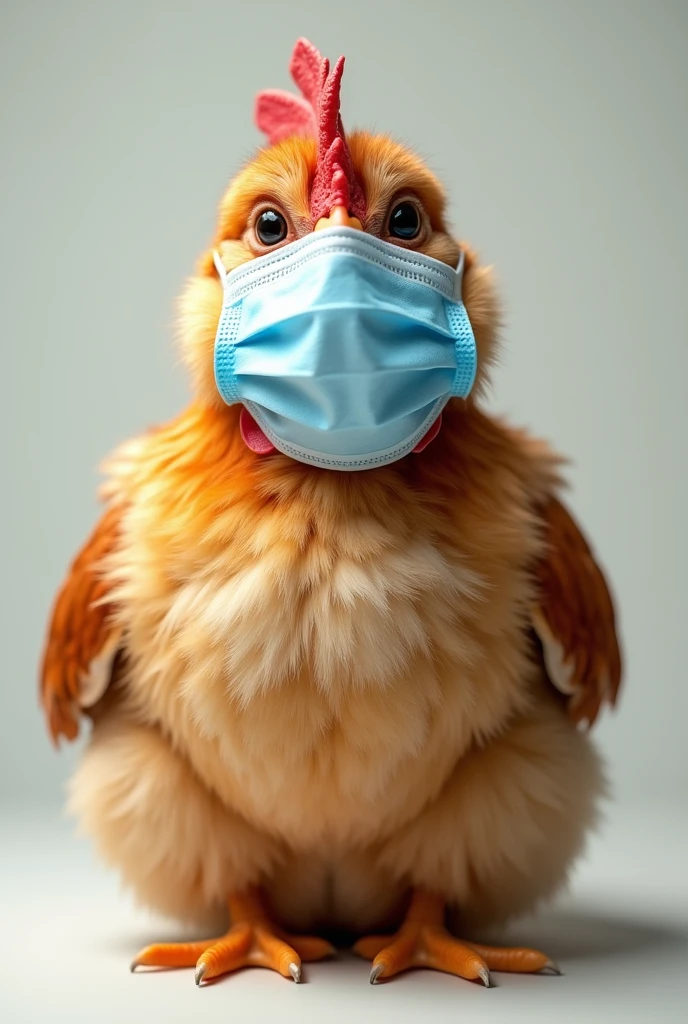 A chicken wearing a surgical mask