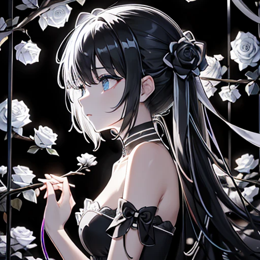 Lots of black and white roses、Background black、Line Art、Neon lights