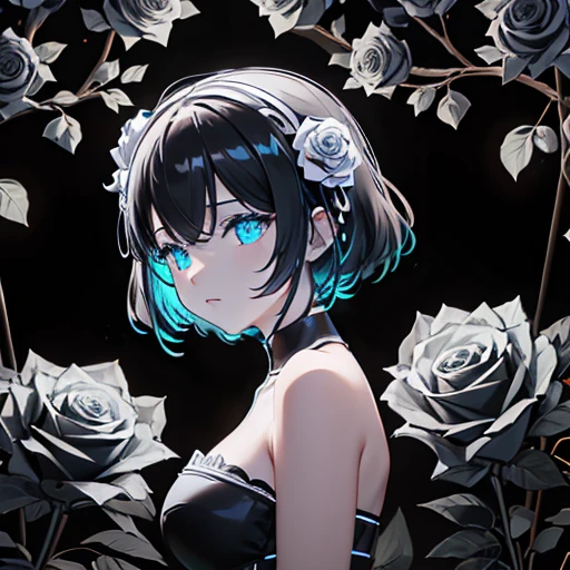 Lots of black and white roses、Background black、Line Art、Neon lights