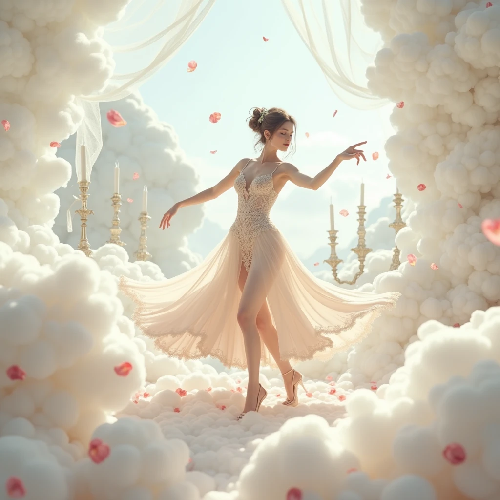 Running on the clouds, there stands a cute girl, in extravagant clothes, away from the fog around and at the feet, minimalist, elegant, pure gentle, Soft bright light, veil, curtains, lace, beautiful white summerhouse with candilabra, photorealistic , with huge and long petals. (petal made of thin and soft tulle, flowing petals full background, floating petals, hyperflying petals, at the feet Mix of white smoke and fog effects from colored fog on the ground and petals). Extravagant, beautiful woman full length, nice legs,shoes, in a fast dance in a flying pose, lace,gold,white staircase, strewn with pale pink and yellow roses