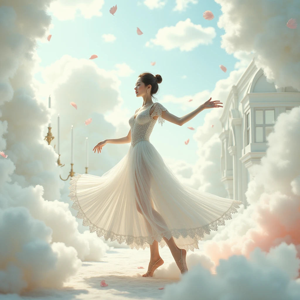 Running on the clouds,  there stands a cute girl, in extravagant clothes,  away from the fog around and at the feet, minimalist, elegant, pure gentle, Soft bright light, veil, curtains, lace, beautiful white summerhouse with candilabra, photorealistic , with huge and long petals. (petal made of thin and soft tulle, flowing petals full background, floating petals, hyperflying petals, at the feet Mix of white smoke and fog effects from colored fog on the ground and petals). Extravagant, beautiful woman full length, nice legs,shoes, in a fast dance in a flying pose,  lace,gold,white staircase, strewn with pale pink and yellow roses